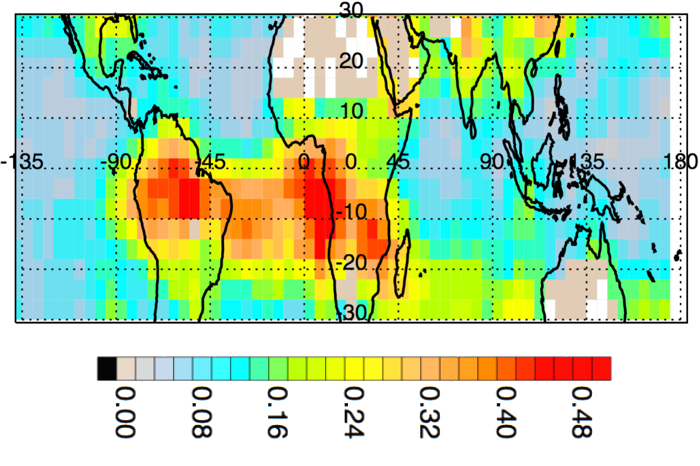 Fraction of Aura-TES measurements during October 2006 where elevated PAN was detected in TES spectra, showing a maximum in the Tropical South Atlantic.